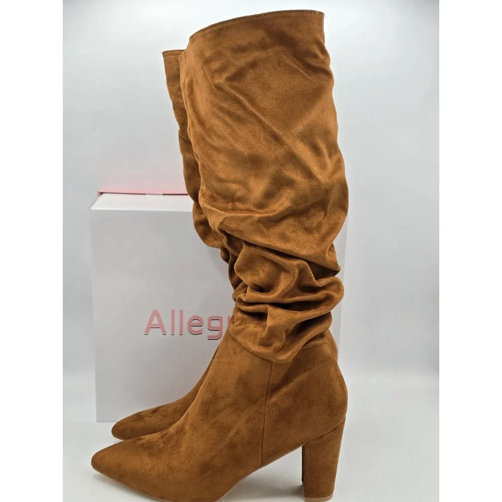 Allegra K Women's Slouch Pointed Toe Chunky Heel‎ Knee High Boots Brown Sz 9 M